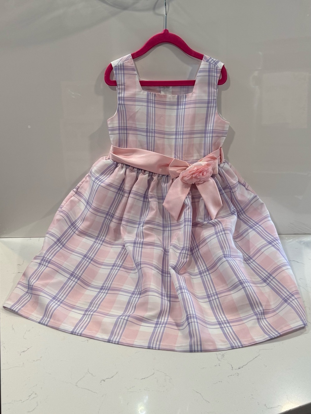 Prince Pastel Pink & Lavender Plaid Sleeveless Party Dress with Bow Sash